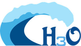 Abstract wave design with "H3O" in stylized font.