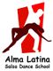 Logo der Alma Latina Salsa Tanzschule mit tanzenden Silhouetten in Rot.
