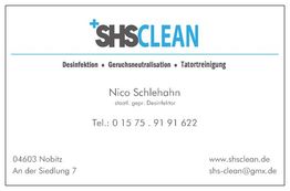 Visitenkarte mit Logo von SHS Clean, Desinfektion, Telefon und Adresse in Nobitz.