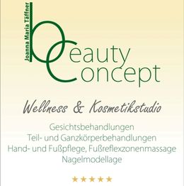 Logo des Beauty Concept Wellness- und Kosmetikstudios mit Behandlungsangeboten und 5 Sternen.