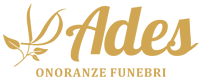 Logo dorato di Ades, agenzia di onoranze funebri, con una foglia stilizzata.