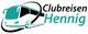 Logo von "Clubreisen Hennig" mit einem stilisierten Bus in Türkis und Schwarz.