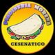Logo arancione e giallo con piadina e scritta: "Piadineria Morena Cesenatico".