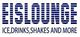Text: "EISLOUNGE ICE, DRINKS, SHAKES AND MORE" in blau-weiß gestreifter Schrift.