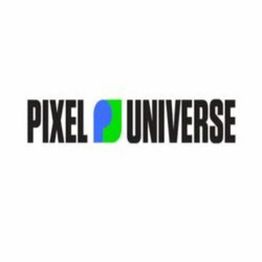 Logo met tekst "Pixel Universe" in zwart en symbool in blauw en groen tussen de woorden.