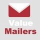 Red envelope icon above the text "Value Mailers" in white and red.