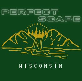 "Logo with mountains, trees, waterfall, and text: Perfect Scape, Wisconsin."