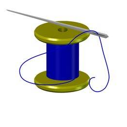 Spule mit blauem Faden, Nadel darüber, auf weißem Hintergrund.