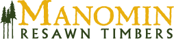 Logo of Manomin Resawn Timbers, featuring trees and text in gold and green.