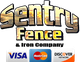Sentry Fence logo with Visa, MasterCard, and Discover payment options.