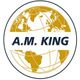 "A.M. KING logo with a golden globe design in the background."