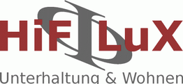 Logo mit Text "HiF LuX Unterhaltung & Wohnen" in Rot und Grau.