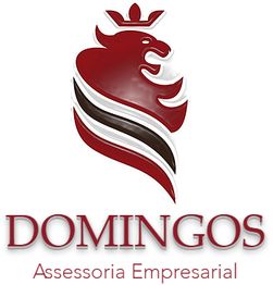 Logotipo com leão vermelho estilizado e texto: "DOMINGOS Assessoria Empresarial".