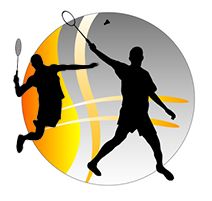 Schattenrisse von Badmintonspielern vor einem gelb-grauen Hintergrund.