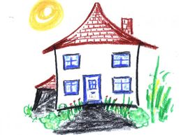 Buntes Kinderbild von einem Haus mit rotem Dach, blauer Tür und Fenstern, Sonne oben links.