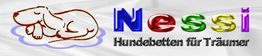 Nessi-Logo mit schlafendem Hund, Text: "Hundebetten für Träumer".