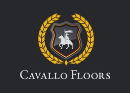 Logo van Cavallo Floors met ridder te paard op schild omgeven door gouden lauwertakken.