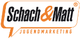 Logo mit "Schach & Matt" und "Jugendmarketing" in einem orangefarbenen Sprechblasendesign.
