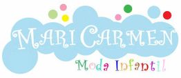 Texto colorido: "Mari Carmen Moda Infantil" sobre fondo de burbujas azules y círculos de colores.