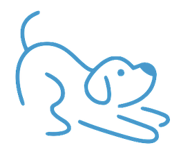 Blaues Strichmännchen eines spielenden Hundes in einer Verbeugung mit wedelndem Schwanz.