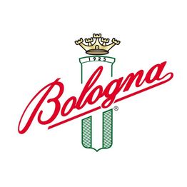 Logo com a palavra "Bologna" em vermelho, coroa dourada acima e ano 1925 ao centro.