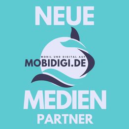 Blauer Hintergrund mit einem stilisierten Delphin und Text "Neue Medien Partner, mobidigi.de".