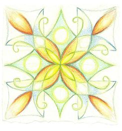 Buntes, symmetrisches, blumenähnliches Muster mit geschwungenen Linien und blattartigen Formen.