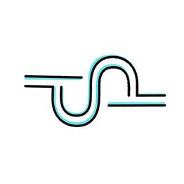 Abstract blue and black line art forming a wavy, looped shape on a white background.