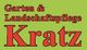 Text "Garten & Landschaftspflege Kratz" in roten Buchstaben auf grünem Hintergrund.