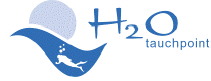 Logo: Blauer Wellenhintergrund mit einem Taucher, Text "H2O Tauchpoint" daneben.