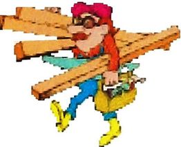 Comic-Zeichnung einer Person mit rosa Haaren, die Holzlatten und Werkzeug trägt.