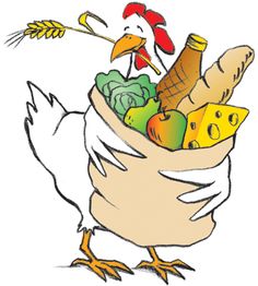 Huhn mit Einkaufstasche voller Lebensmittel: Gemüse, Apfel, Käse, Brot und Getränk.