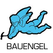 Blauer Engel mit Hammer fliegt, darunter Text "BAUENGEL".