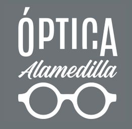 Texto: "Óptica Alamedilla" con icono de gafas sobre fondo gris.