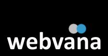 "Logo mit dem Wort 'webvana' in Weiß und zwei Punkten in Grau und Blau auf schwarzem Hintergrund."
