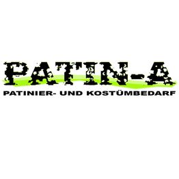 Logo mit Text "PATIN-A Patinier- und Kostümbedarf", grün-schwarze Schrift auf weißem Hintergrund.