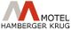 Logo des Motels "Hamberger Krug" mit stilisiertem roten und grauen "M" darüber.
