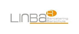 Logo der Linbar Barschule, grau und orange gestaltet mit abstrakten Elementen.