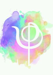 Simbolo bianco su sfondo acquerello arcobaleno con sfumature vivaci di viola, verde e arancione.