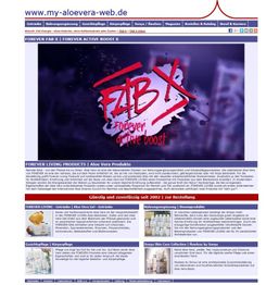 Webseite mit Werbung für Forever FAB X, Aloe-Vera-Produkte und verschiedene Kategorien.