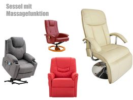 Vier Sessel mit Massagefunktion in grau, rot und beige auf weißem Hintergrund.