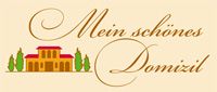 Logo mit Schriftzug "Mein schönes Domizil" und Haus mit Bäumen auf beige Hintergrund.