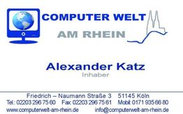 Visitenkarte von Computer Welt am Rhein mit Kontaktdaten und Inhaber Alexander Katz.