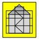 Haus-Skizze mit geometrischen Linien auf gelbem Quadrat, Umrisse und Dreiecke sichtbar.