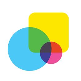 Overlapping circles and a square in blue, green, yellow, pink, and purple on a white background.