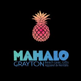 Gradient pineapple above "MAHALO GRAYTON" logo for beach gear and rentals on black background.