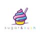 Colorful cupcake logo with text "sugar & kush" below in black and pastel colors.