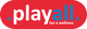 Logo de "playall" en fondo rojo, texto en blanco y azul, con el lema "fun & wellness".