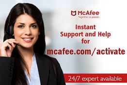 Support agent with headset, text: "McAfee Support, mcafee.com/activate, 24/7 expert available."