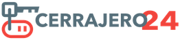 Logo con llave y texto "CERRAJERO 24" en colores gris y rojo.